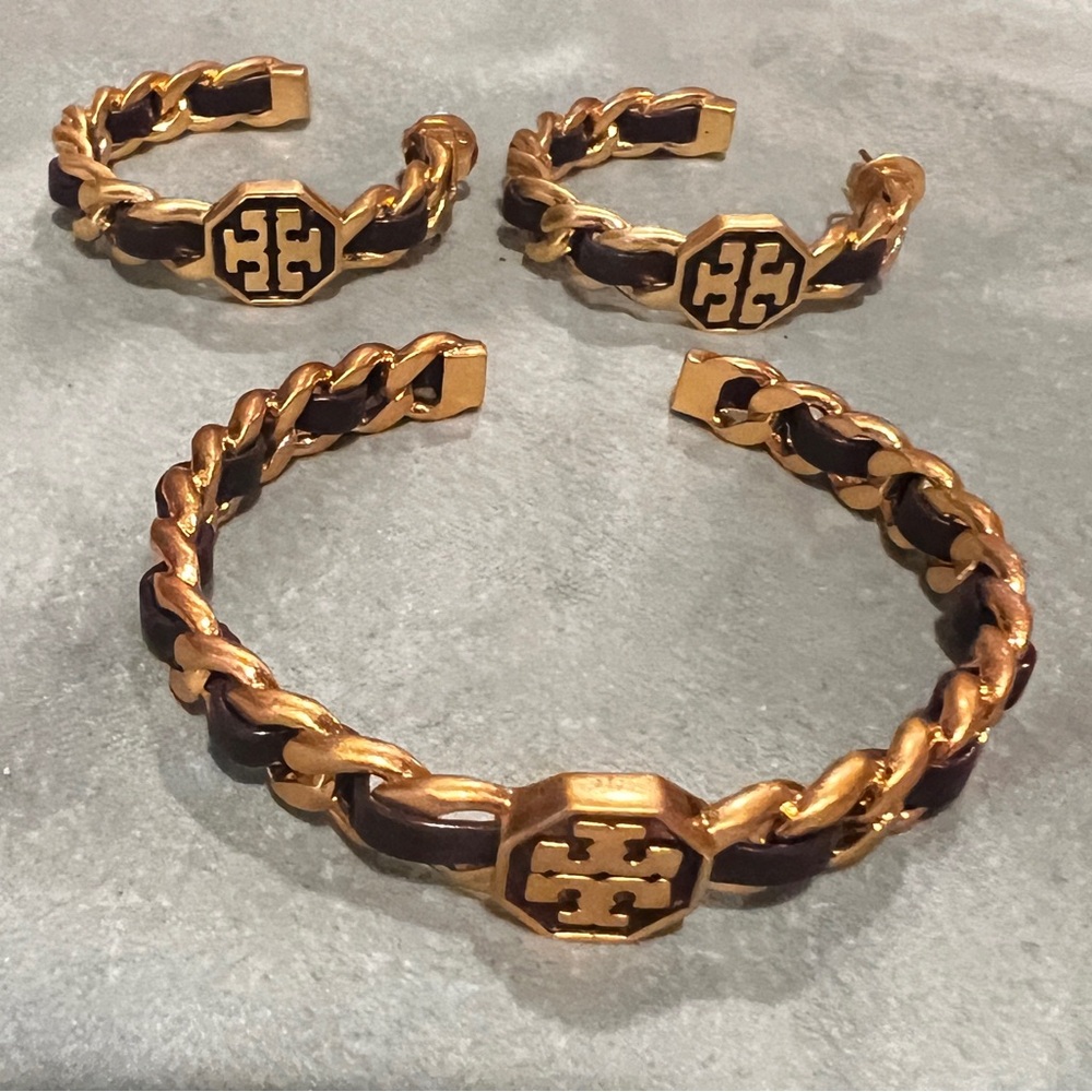 Tory Burch Gold & Black Leather Woven Bracelet &Earrings  LIKE NEW w/otags